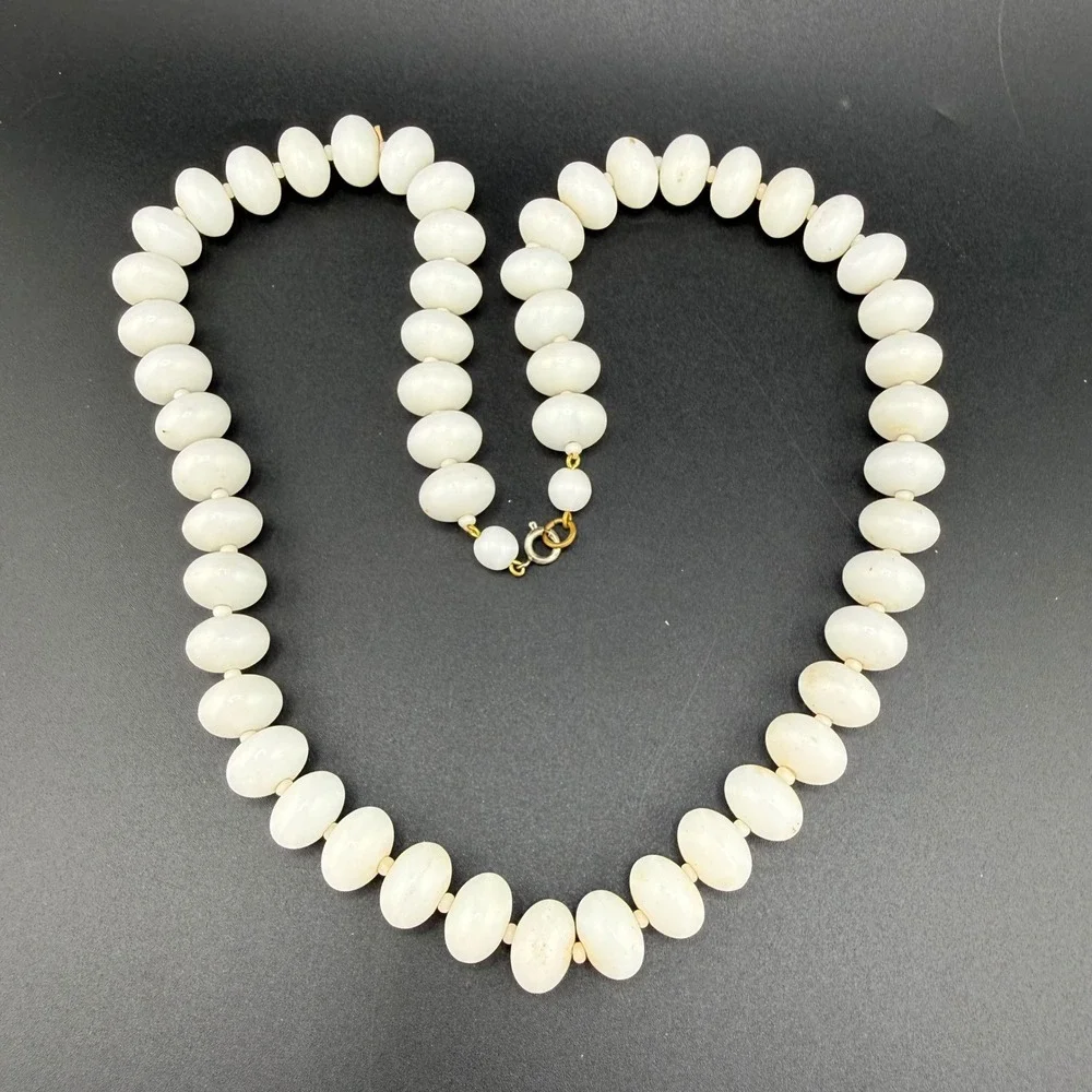 Vintage Glass Beaded Necklace Graduated Oval White Milk Strand 23 Inch